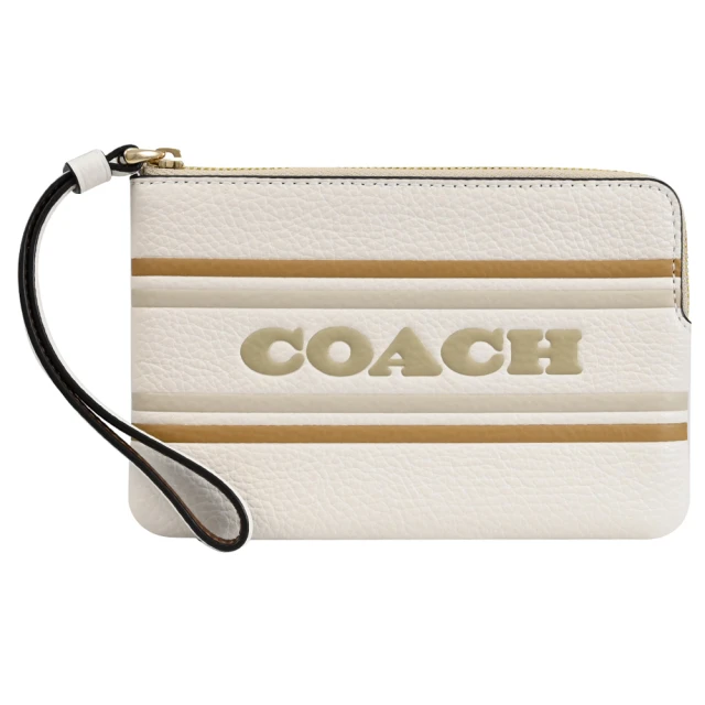 COACH 新版經典品牌LOGO條紋皮革手提零錢包手拿包(白棕)