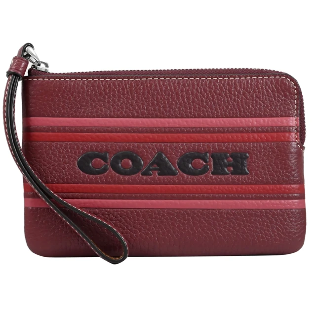 COACH 新版經典品牌LOGO條紋皮革手提零錢包手拿包(酒紅)