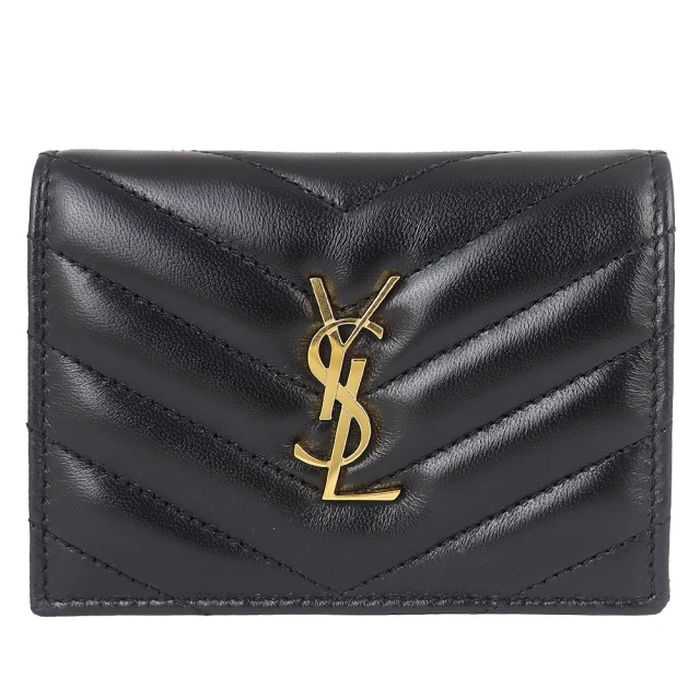 YSL MONOGRAM V型羊皮金LOGO翻蓋短夾(黑色/