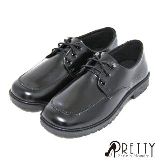 【Pretty】女學生鞋 小皮鞋 全黑工作鞋 臺灣製 綁帶 圓頭(黑色)