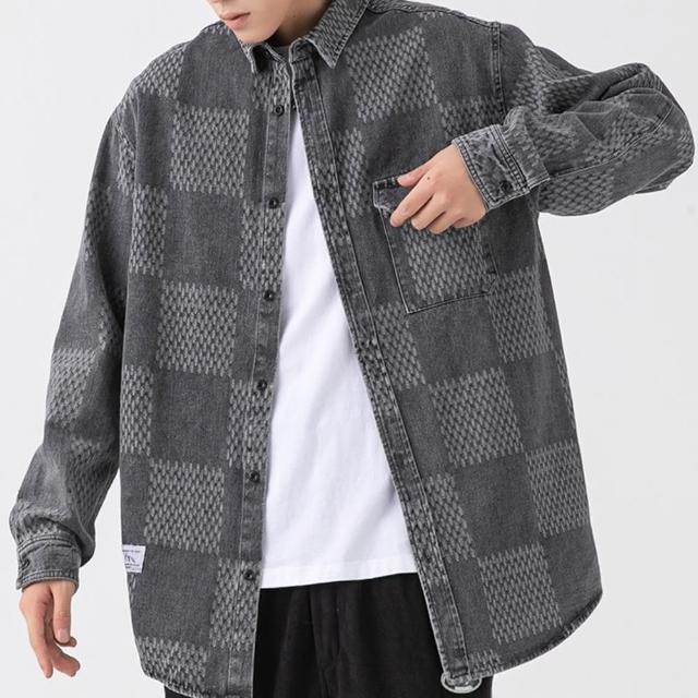 【米蘭精品】現貨+預購 襯衫長袖上衣(日系寬鬆格子口袋男上衣2色74ge14)