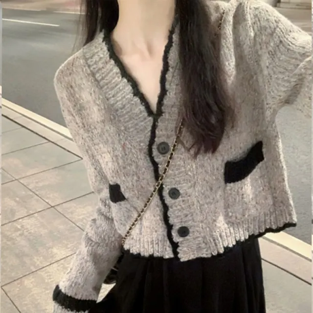 【Amirr 艾米爾】★法式氛圍感短款V領開衫上衣(女上衣/長袖/外套)
