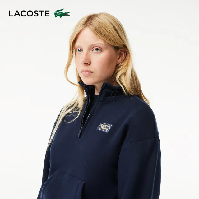 【LACOSTE】女裝-高領拉鍊抓絨運動衫(海軍藍)