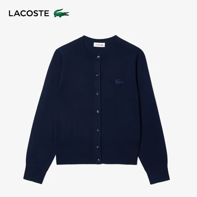 【LACOSTE】女裝-圓領開襟長袖羊毛衫(海軍藍)