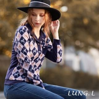 【LUNG.L 林佳樺】LM90A 藍粉正斜格紋馬匹圖案長袖上衣(女裝 保暖 秋冬款)