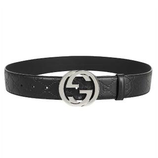 【GUCCI 古馳】411924 經典Guccissima GG壓紋銀釦牛皮腰帶/皮帶(黑色)