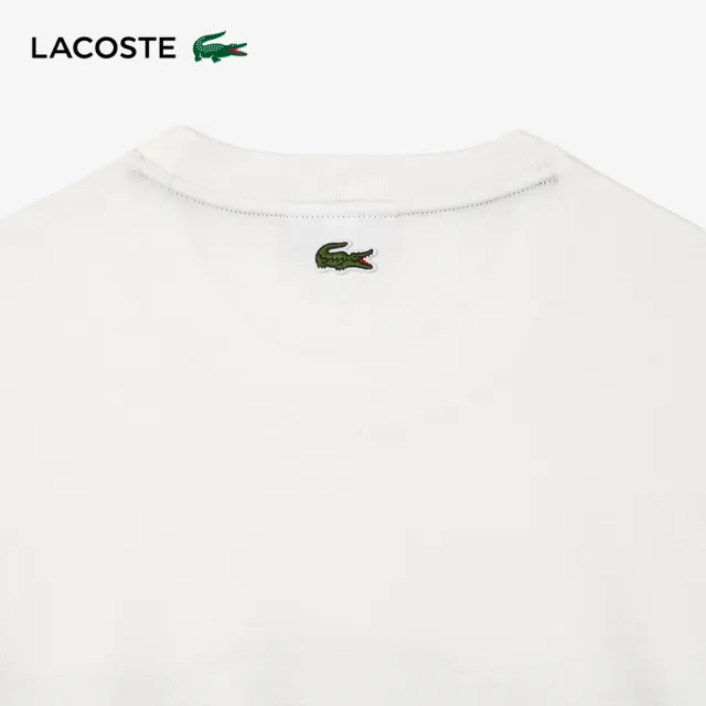 【LACOSTE】男裝-拼接刺繡圖案短袖T恤(米白色)