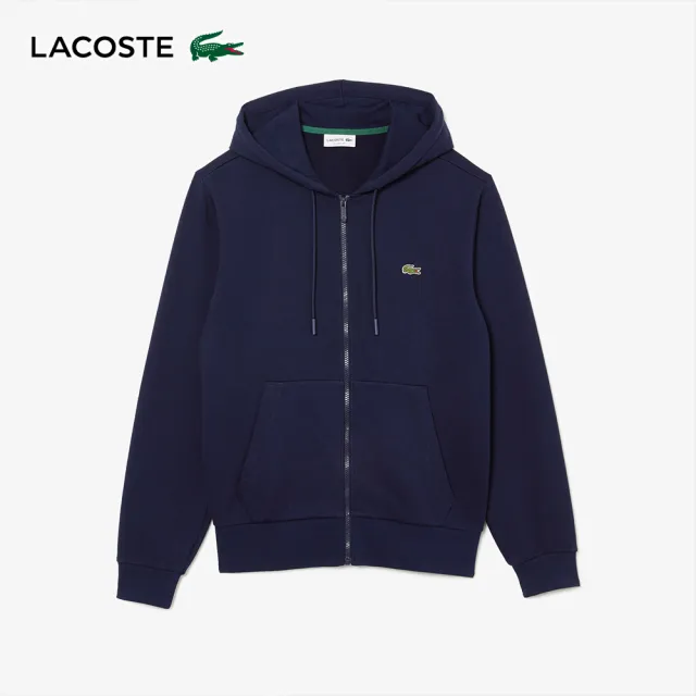 【LACOSTE】男裝-有機棉拉鍊連帽外套(海軍藍)