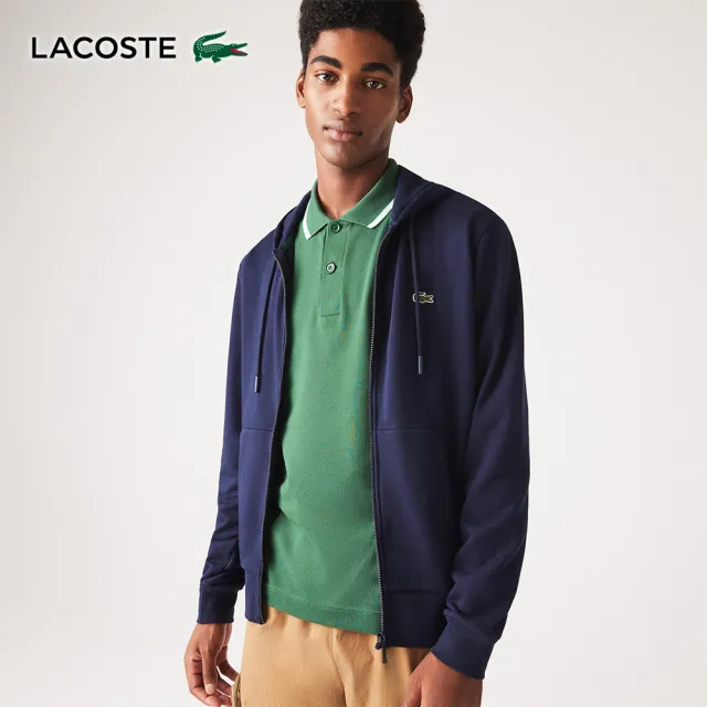 【LACOSTE】男裝-有機棉拉鍊連帽外套(海軍藍)