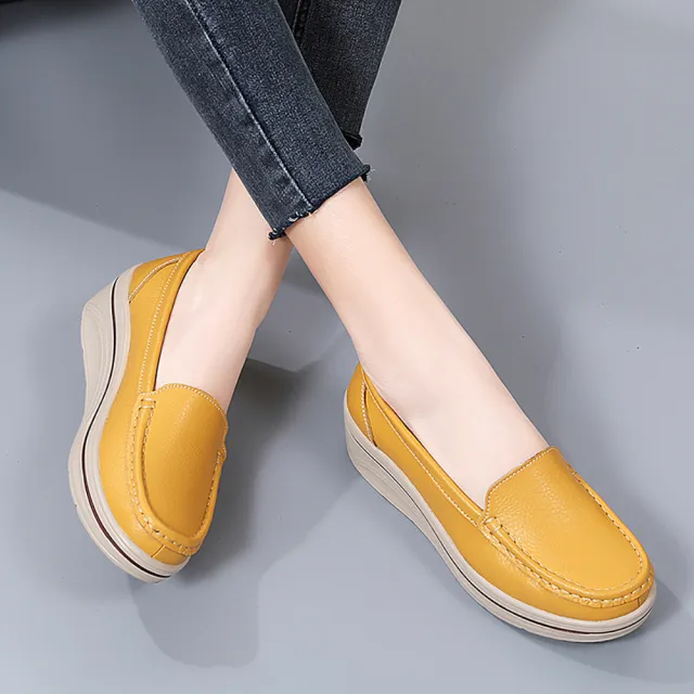 【LOVE FOOT 樂芙】真皮樂福鞋 厚底樂福鞋/真皮純色氣質百搭坡跟厚底樂福鞋(黃)