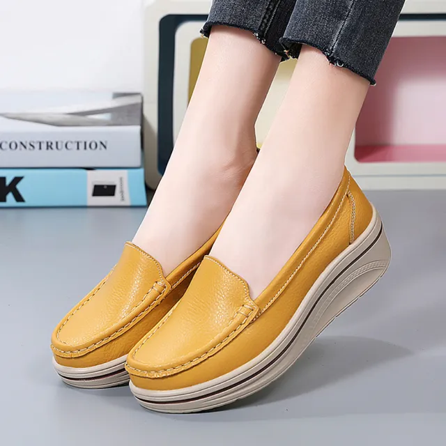 【LOVE FOOT 樂芙】真皮樂福鞋 厚底樂福鞋/真皮純色氣質百搭坡跟厚底樂福鞋(黃)
