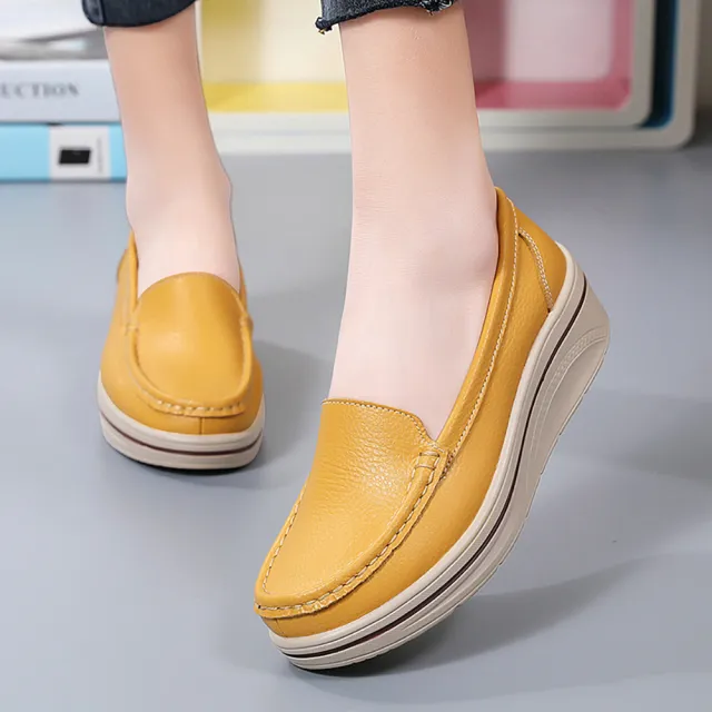 【LOVE FOOT 樂芙】真皮樂福鞋 厚底樂福鞋/真皮純色氣質百搭坡跟厚底樂福鞋(黃)