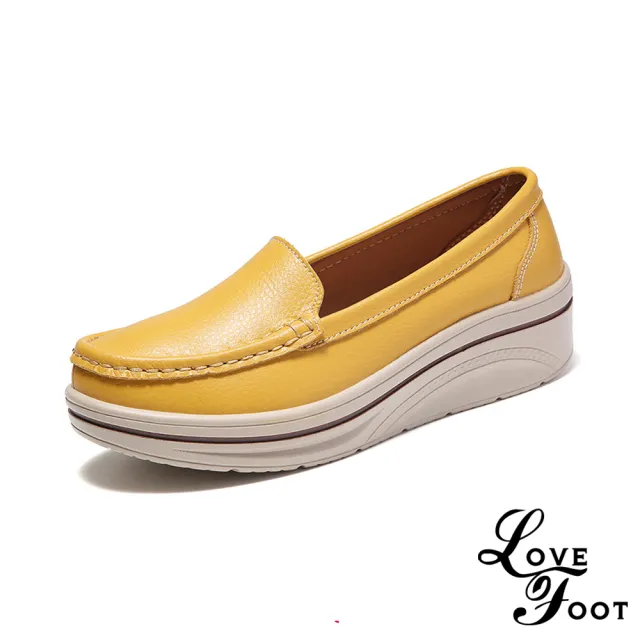 【LOVE FOOT 樂芙】真皮樂福鞋 厚底樂福鞋/真皮純色氣質百搭坡跟厚底樂福鞋(黃)