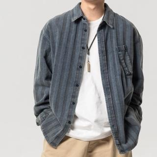 【米蘭精品】現貨+預購 襯衫長袖上衣(秋季條紋寬鬆休閒男上衣74ge2)