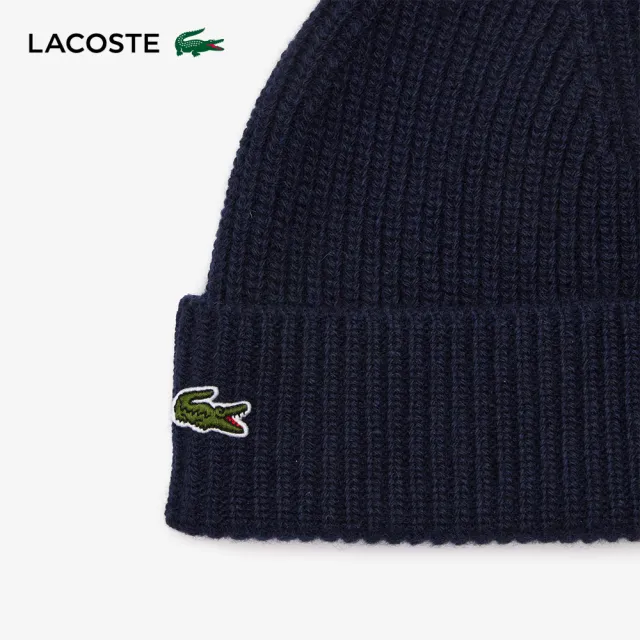 【LACOSTE】中性款-羊絨羊毛粗針織毛線帽(海軍藍)