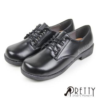 【Pretty】女學生鞋 學生皮鞋 小皮鞋 低跟 圓頭 綁帶 學院風 臺灣製(黑色)