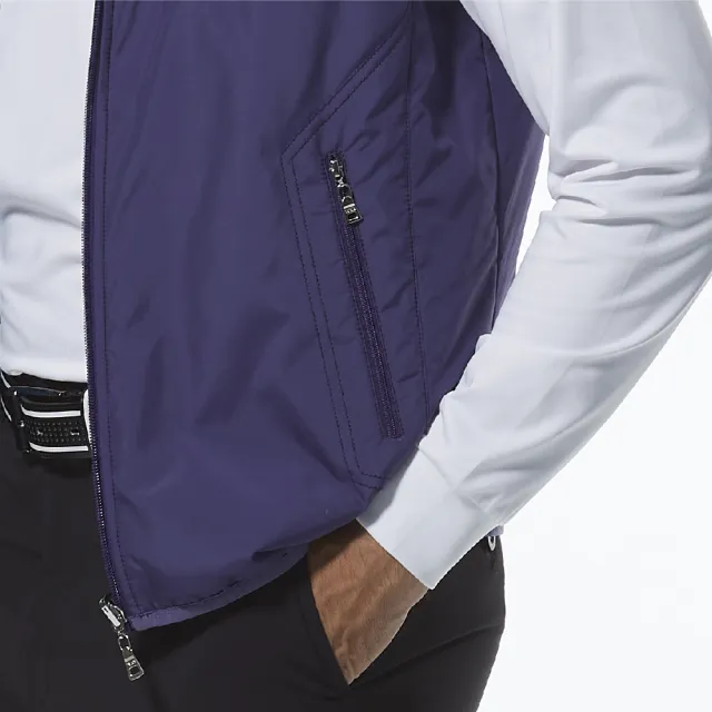【Lynx Golf】男款薄鋪棉防風保暖Lynx繡花雙面穿千鳥花紋無袖背心(紫/藍色)