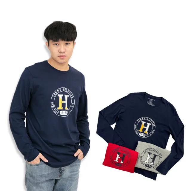 【Tommy Hilfiger】三色 薄長袖 純棉 大尺碼 長袖 上衣  T恤 長T 平輸品(藍 灰 紅 三色 長袖9298BI4)