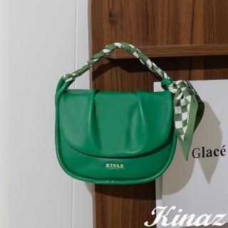 【KINAZ】萬變格紋絲巾皺褶掀蓋手提肩背斜揹包-香蜂草綠-HOME系列