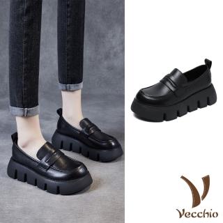 【Vecchio】真皮樂福鞋 厚底樂福鞋/全真皮頭層牛皮時尚復古鬆糕厚底百搭樂福鞋(黑)