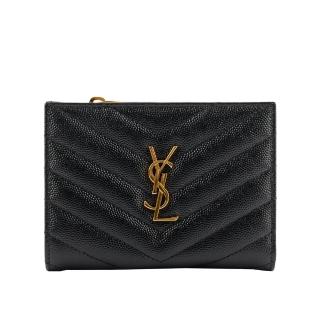【YSL】山形紋魚子醬皮金字拉鍊零錢袋二折短夾(黑色)