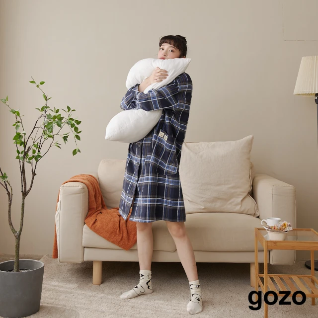 【gozo】g+ Lazy day懶在家格紋襯衫洋裝睡衣附髮圈(兩色)