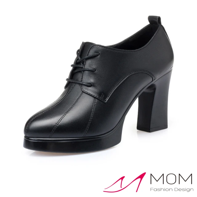 MOM 真皮踝靴 高跟踝靴/真皮設計感車線造型防水台高跟踝靴(黑)