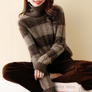 【LANNI 藍尼】★麻花編織造型高領毛衣(拼接/撞色/長袖上衣)