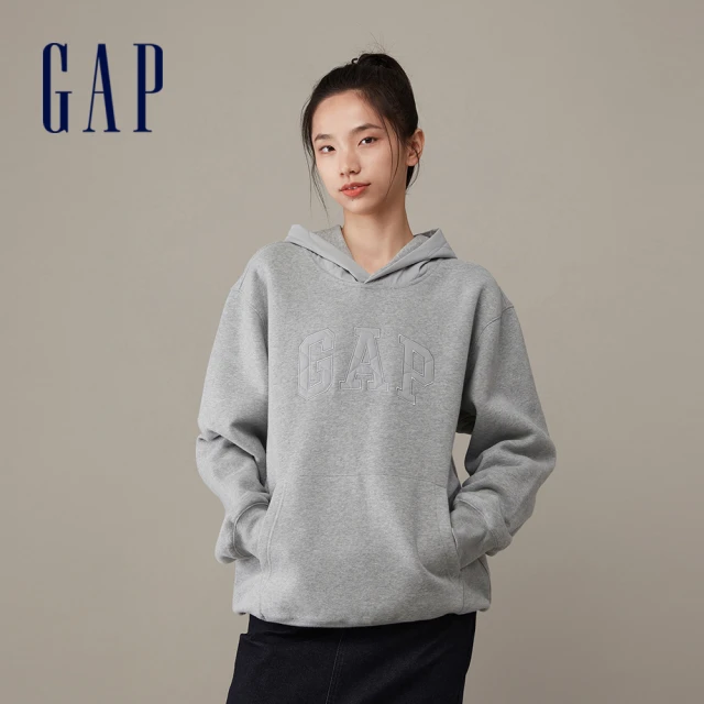 GAPGAP 男女同款 Logo純棉刷毛帽T 碳素軟磨系列-淺灰色(841193)