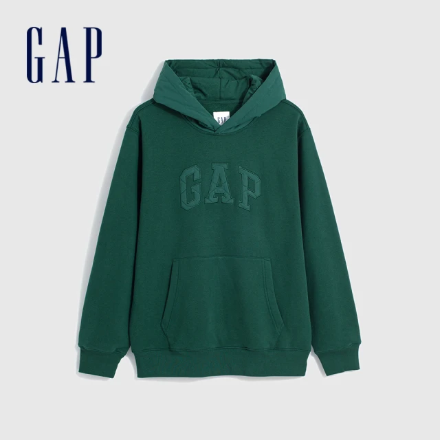 GAP 男女同款 Logo純棉刷毛帽T 碳素軟磨系列-綠色(841193)