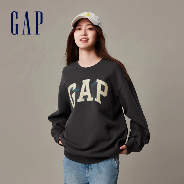 GAP 男女同款 Logo印花刷毛圓領大學T 碳素軟磨系列-黑灰色(841334)