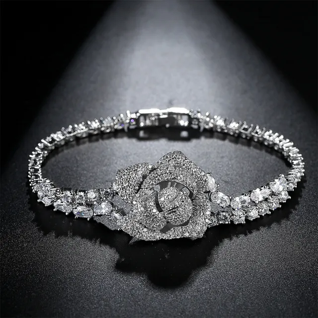 【Aphrodite 愛芙晶鑽】玫瑰手鍊 花朵手鍊 鋯石手鍊/重工滿鑽玫瑰花朵鑲嵌雙排鋯石造型手鍊