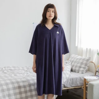 【gozo】g+ 厭世貓毛巾棉V領好睏睡衣洋裝(兩色)