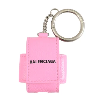 【Balenciaga 巴黎世家】經典LOGO小牛皮Airpod 1&2 耳機鑰匙扣保護套(粉)