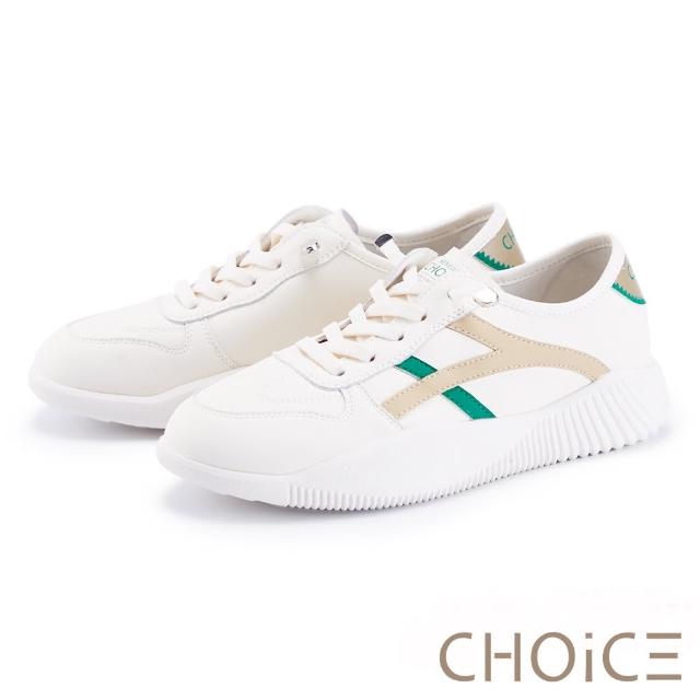 【CHOiCE】真皮復古撞色免綁帶厚底休閒鞋(白+綠)