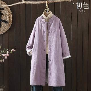 【初色】寬鬆保暖純色復古單排盤扣立領長袖科技羽絨棉中長款大衣外套女外套-共3色-32386(M-2XL可選)