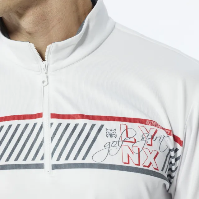 【Lynx Golf】男款吸濕排汗厚款極簡風線條印花長袖立領POLO衫/高爾夫球衫(白色)