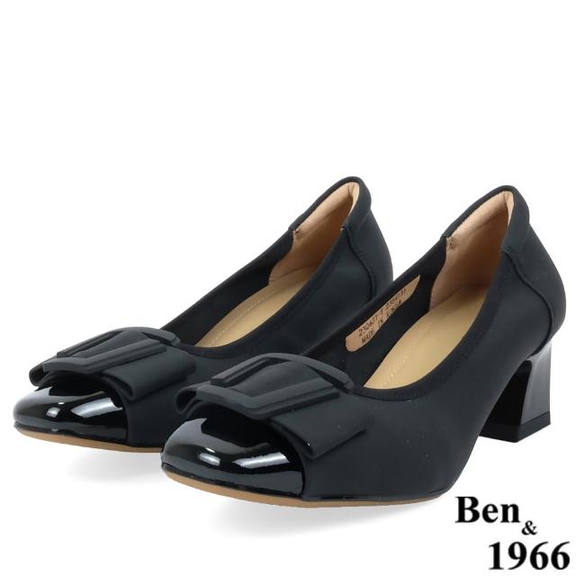 【Ben&1966】Ben&1966高級絲綢牛皮拼接漆皮粗跟鞋-黑238061