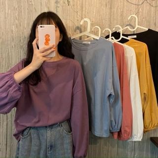 【D.studio】韓版薄款燈籠袖長袖上衣(女裝 衣服 寬鬆上衣 顯瘦上衣 冬裝 長袖t恤 素T 素色 W233)