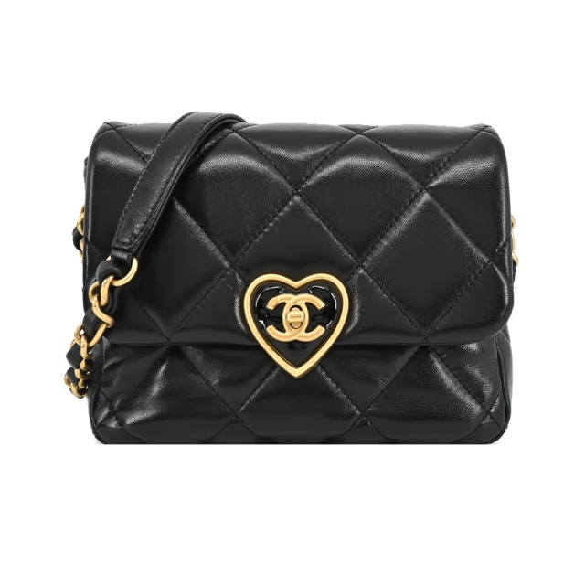 CHANEL 香奈兒 Mini Flap Bag經典愛心鎖扣菱格紋小羊皮斜/肩背包(黑色)