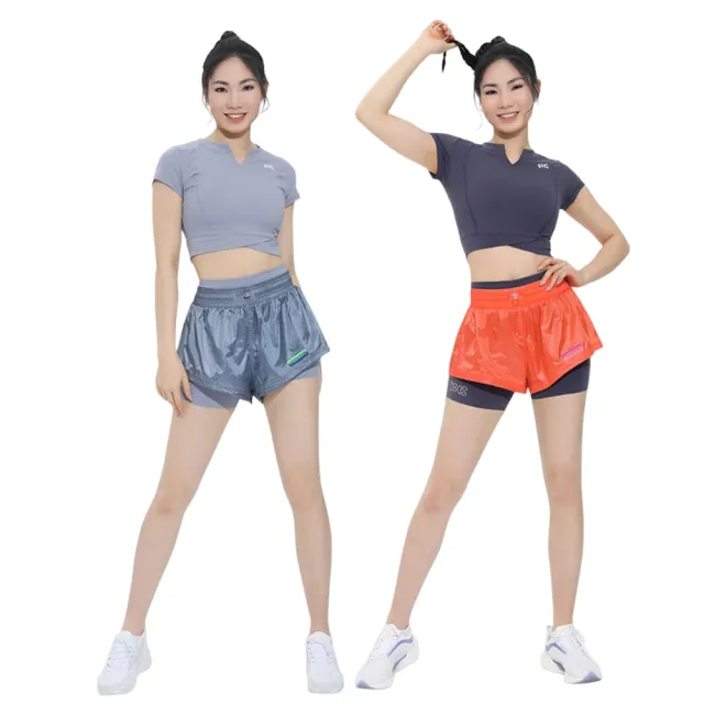 【FIZZCOCO】現貨29 波普防走光運動短褲女含內襯跑步拳擊四分褲共2色(薄霧藍 和 香吉士橙)