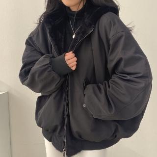 【D.studio】韓版加厚內刷毛兩面穿寬鬆毛毛外套(連帽外套 上衣 女裝 衣服 外套 長袖上衣 毛衣 J183)