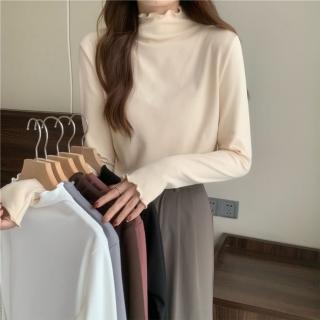 【D.studio】韓版半高領花邊內搭保暖長袖上衣(長袖上衣 女裝 衣服 冬裝 發熱衣 素T W322)