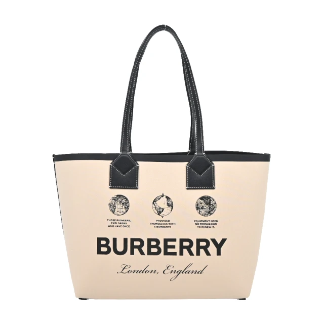 BURBERRY 巴寶莉BURBERRY 巴寶莉 London 標誌圖案棉質拼接牛皮小型托特包(米白色)