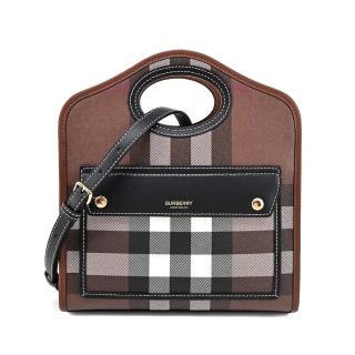 【BURBERRY 巴寶莉】Horseferry 經典格紋帆布Pocket手提/斜背包(迷你/暗樺木棕色)