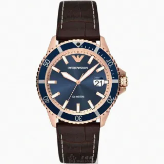 【EMPORIO ARMANI】ARMANI手錶型號AR00047(寶藍色錶面玫瑰金錶殼咖啡色真皮皮革錶帶款)