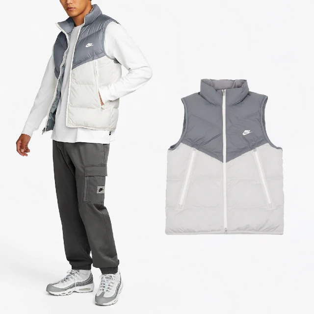 NIKE 耐吉 背心 Windrunner 男款 灰 白 保暖 拉鍊口袋 雙向拉鍊 立領 羽絨 風衣 外套(DV1136-084)