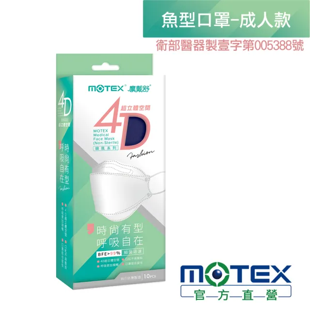 【MOTEX 摩戴舒】韓版4D立體醫療用口罩 魚型口罩(深邃藍 10片/盒)