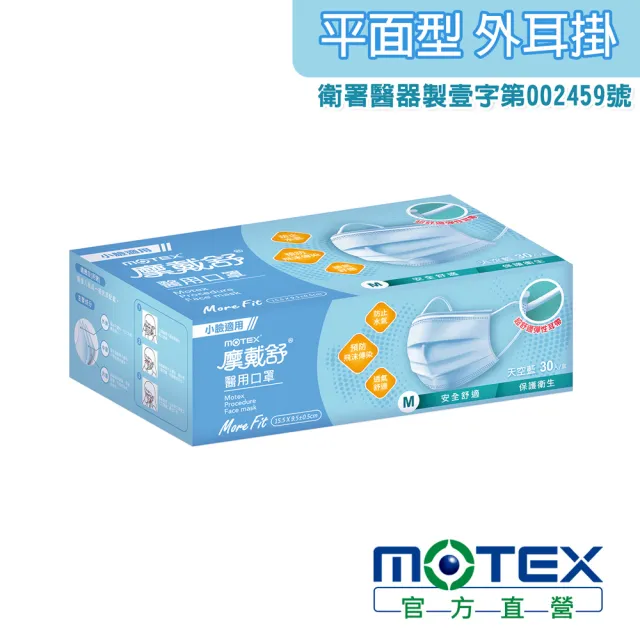 【MOTEX 摩戴舒】平面醫用口罩 小臉款 天空藍(30片/盒)