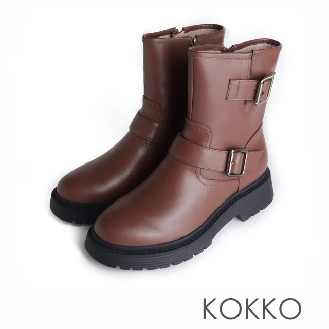 KOKKO 集團 率性騎士感金屬釦環短靴(深咖色)優惠推薦